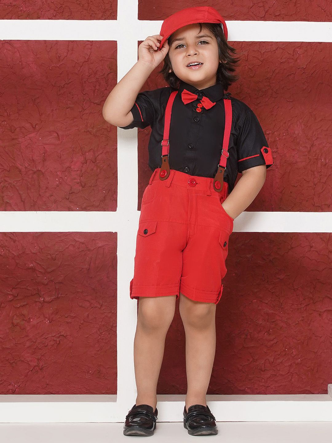 

Aj DEZInES Boys Shirt Collar Pure Cotton Shirt With Shorts & Cap, Red