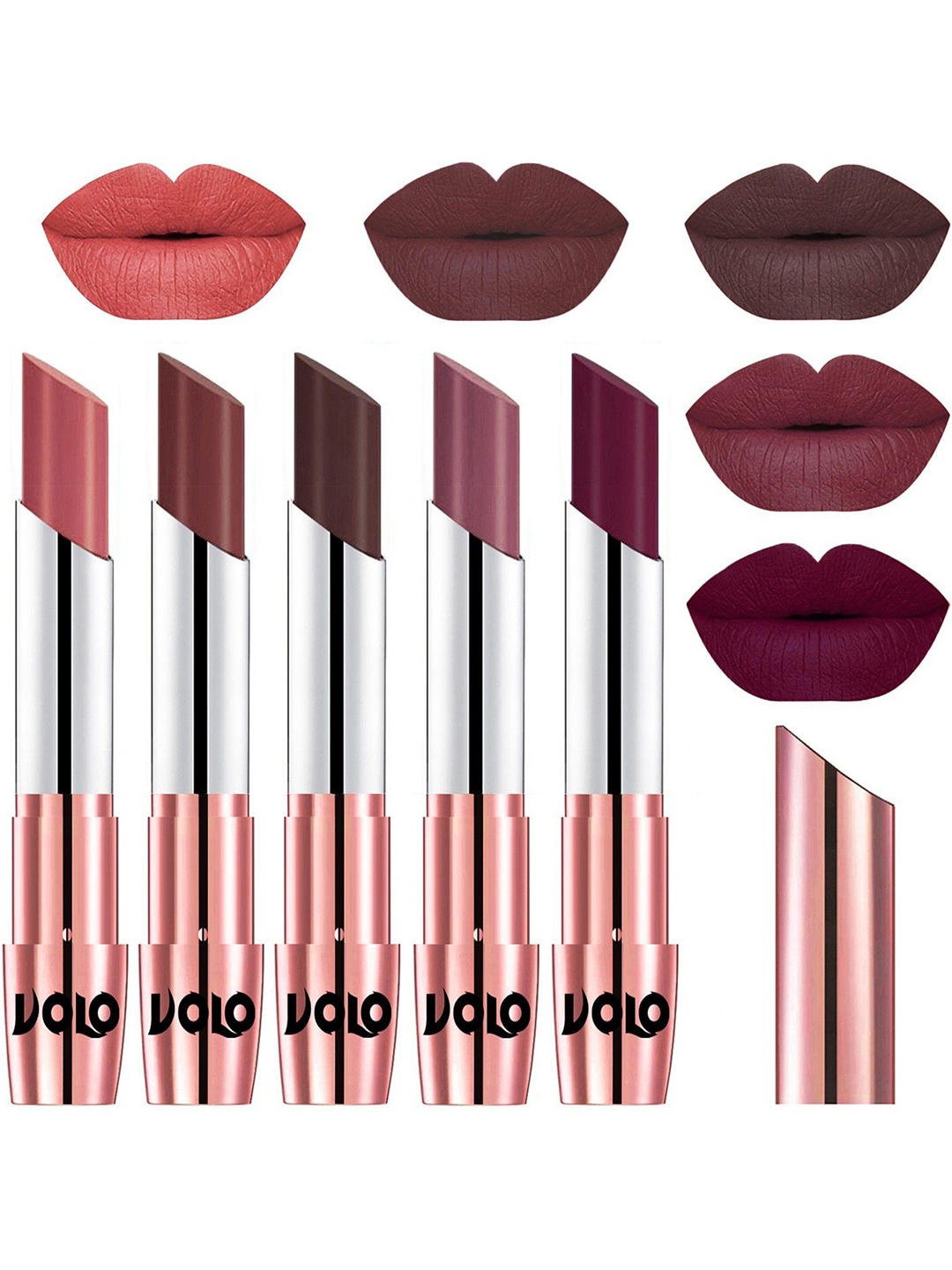 

VOLO Set Of 5 Creme Matte Lipstick-3.5g Each-Light Peach- Coffee- Chocolate- Plum- Wine