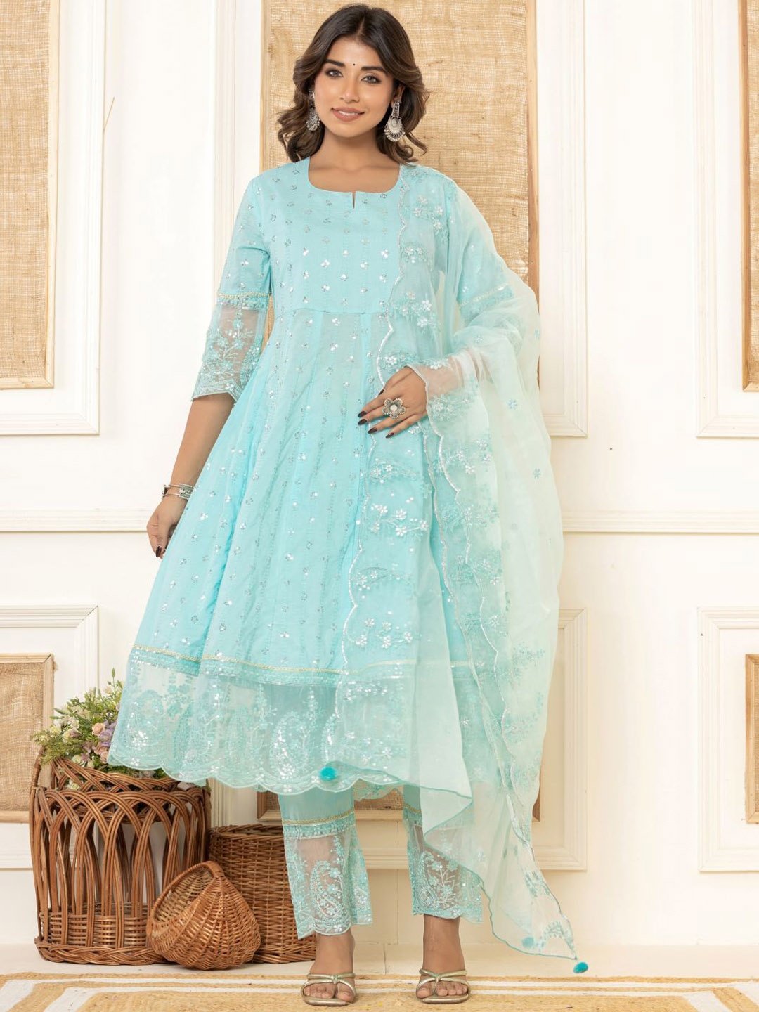 

Chandbaali Floral Embroidered Sequinned Pure Cotton Anarkali Kurta With Trouser & Dupatta, Blue