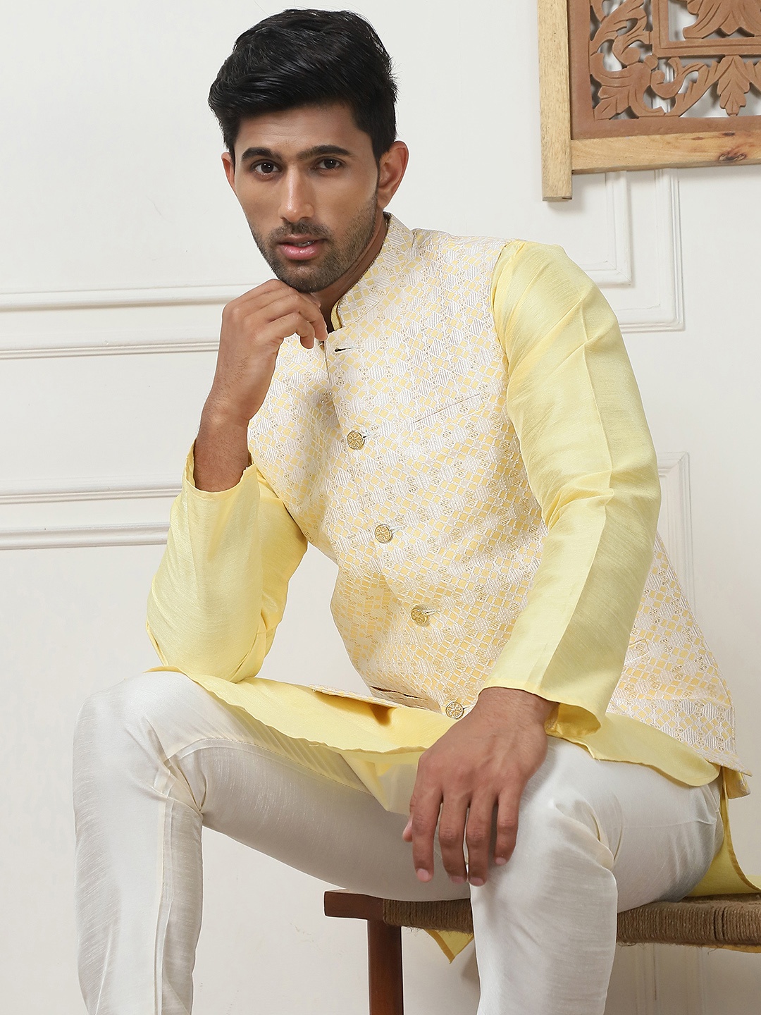 

Anouk Yellow Mandarin Collar Long Sleeves Regular Kurta with Churidar & Nehru Jacket