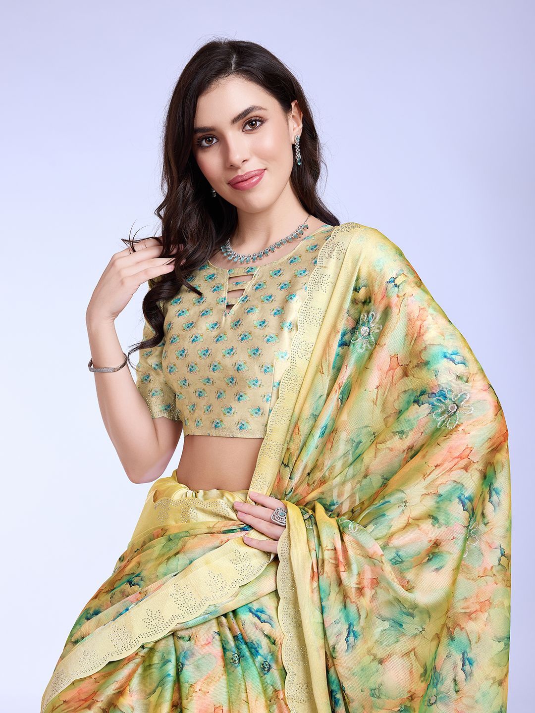 

Mitera Ethnic Motif Printed Beads and Stones Saree, Lime green