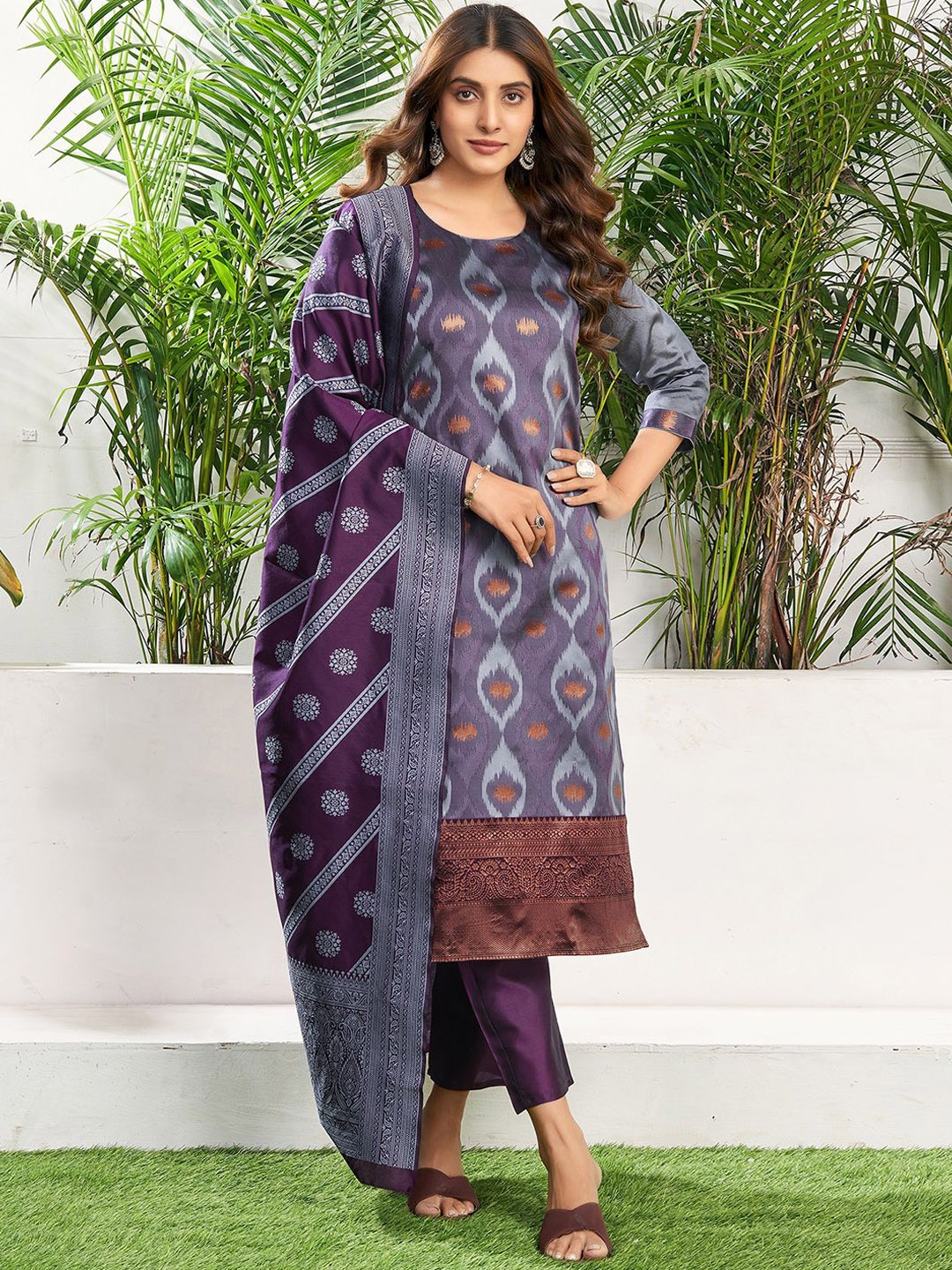 

KALINI Geometric Zari Woven Design Jacquard Straight Kurta With Trousers & Dupatta, Purple