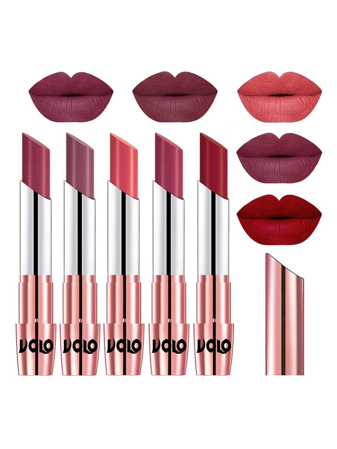 

VOLO Set Of 5 Creme Matte Lipstick-3.5 g Each-Cherry, Plum, Dark Peach, Rose Pink, Red