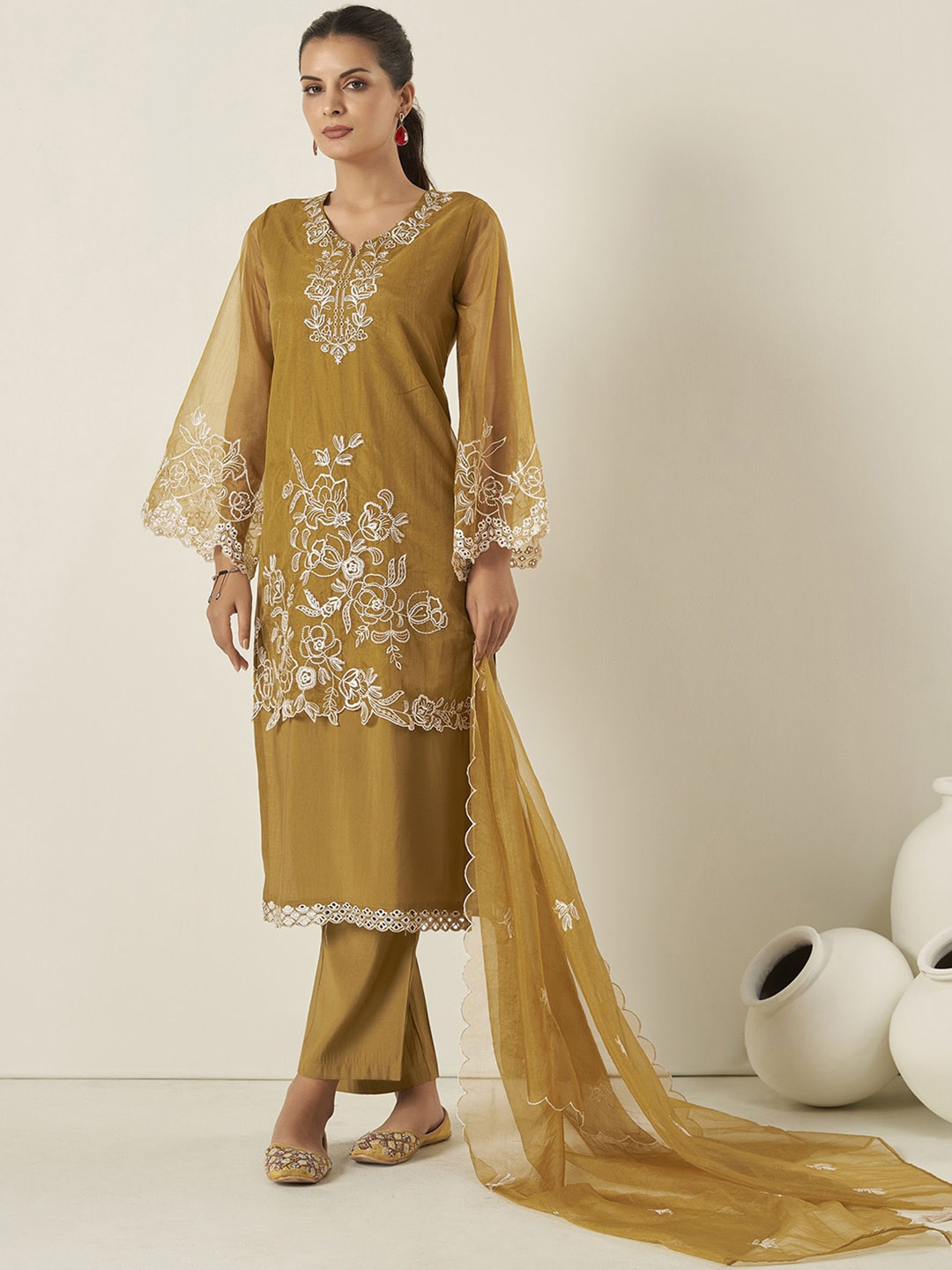 

Anouk Floral Embroidered Thread Work Chanderi Silk Straight Kurta with Trousers & Dupatta, Mustard