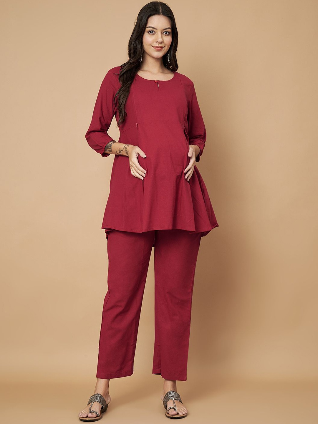 

Vastralay Keyhole Neck Pure Cotton Maternity Tunic With Trousers, Maroon