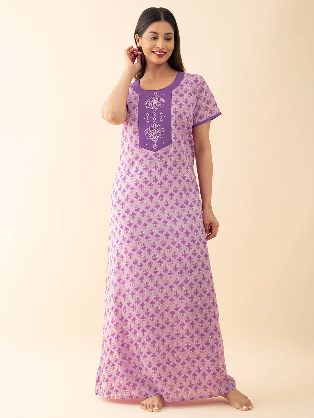 

Maybell Women Floral Printed Pure Cotton Maxi Nightdress, Purple