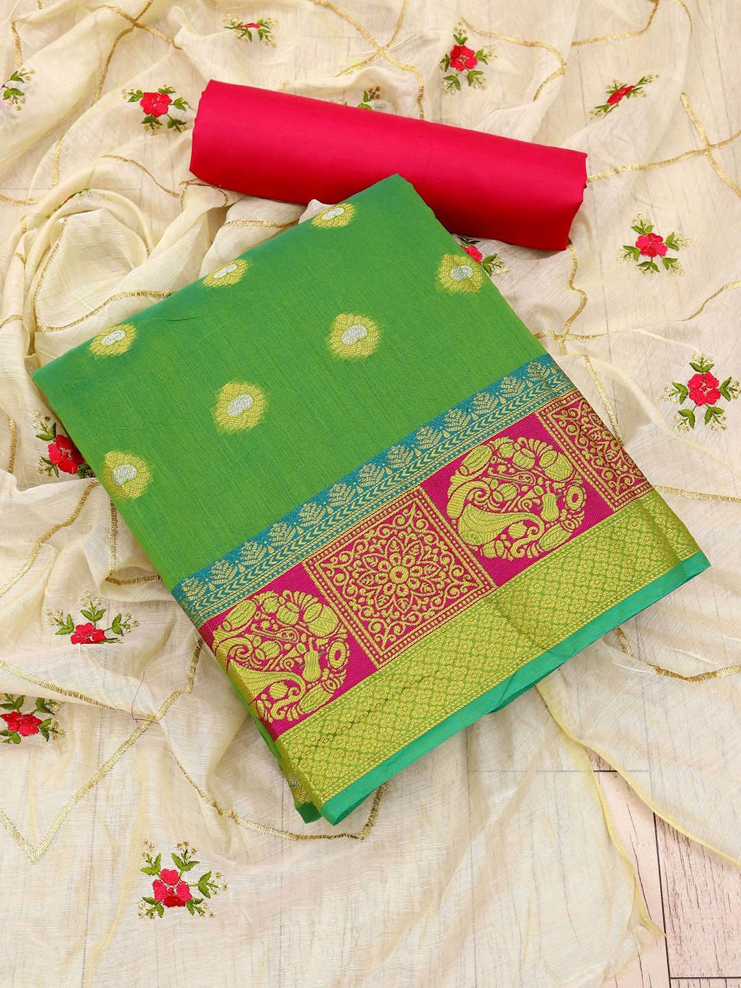 

JULEE Floral Woven Design Pure Silk Unstitched Dress Material, Green