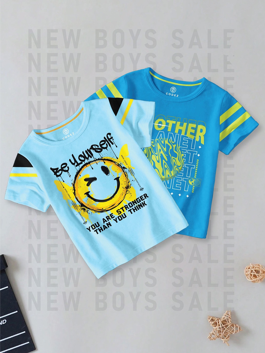 

CODEZ Boys Pack Of 2 Typography Printed Round Neck Cotton T-shirts, Blue