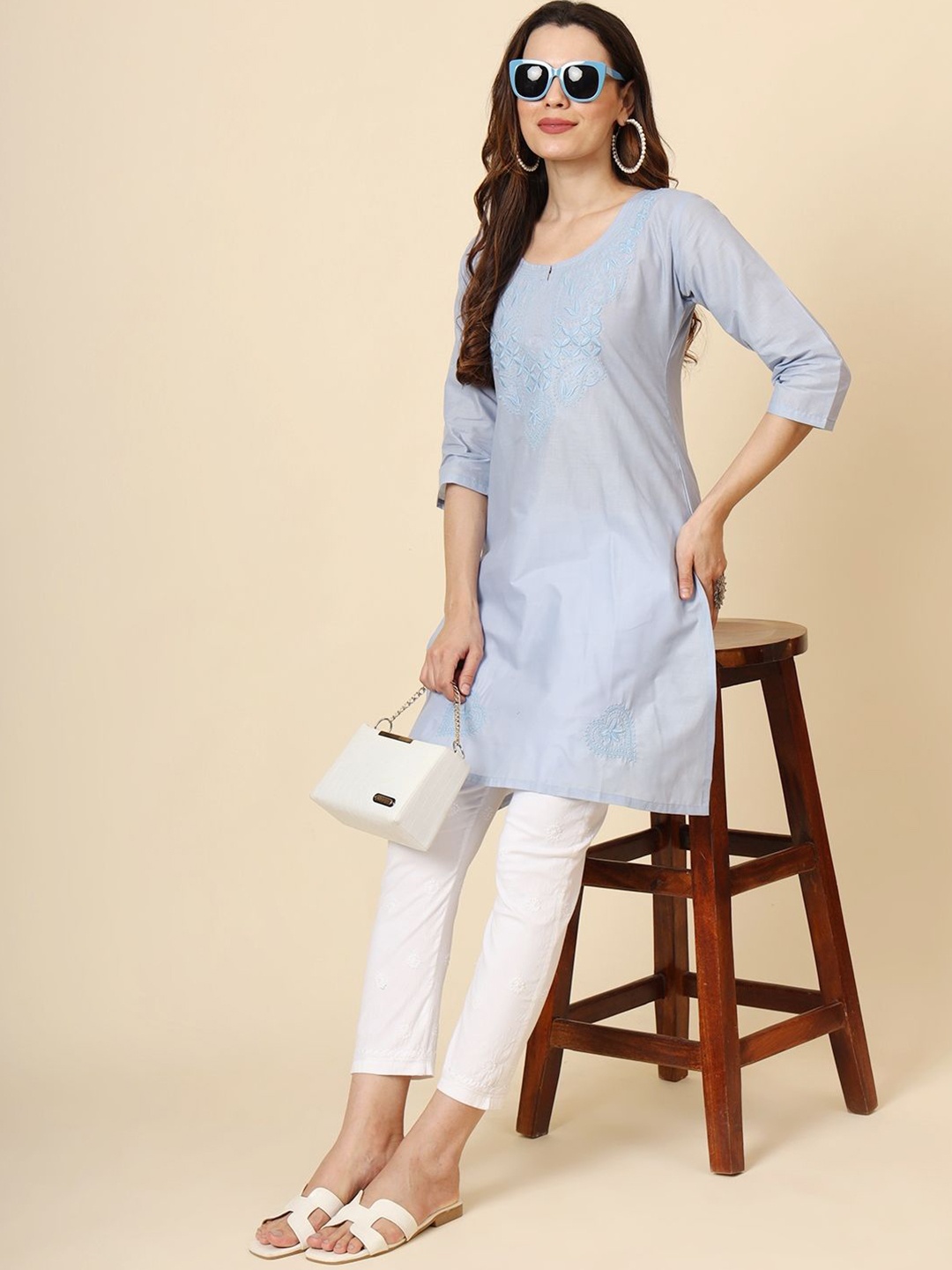 

Civamee Embroidered Thread Work Thread Work Kurti, Turquoise blue