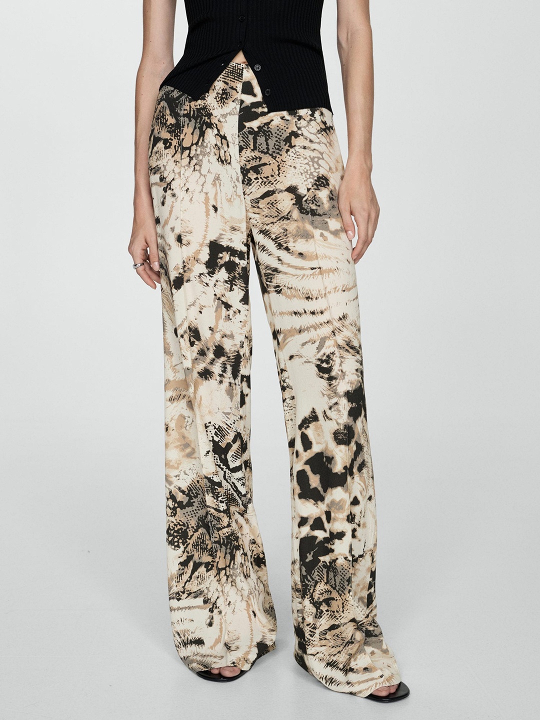 

MANGO Women Animal Printed Trousers, Beige