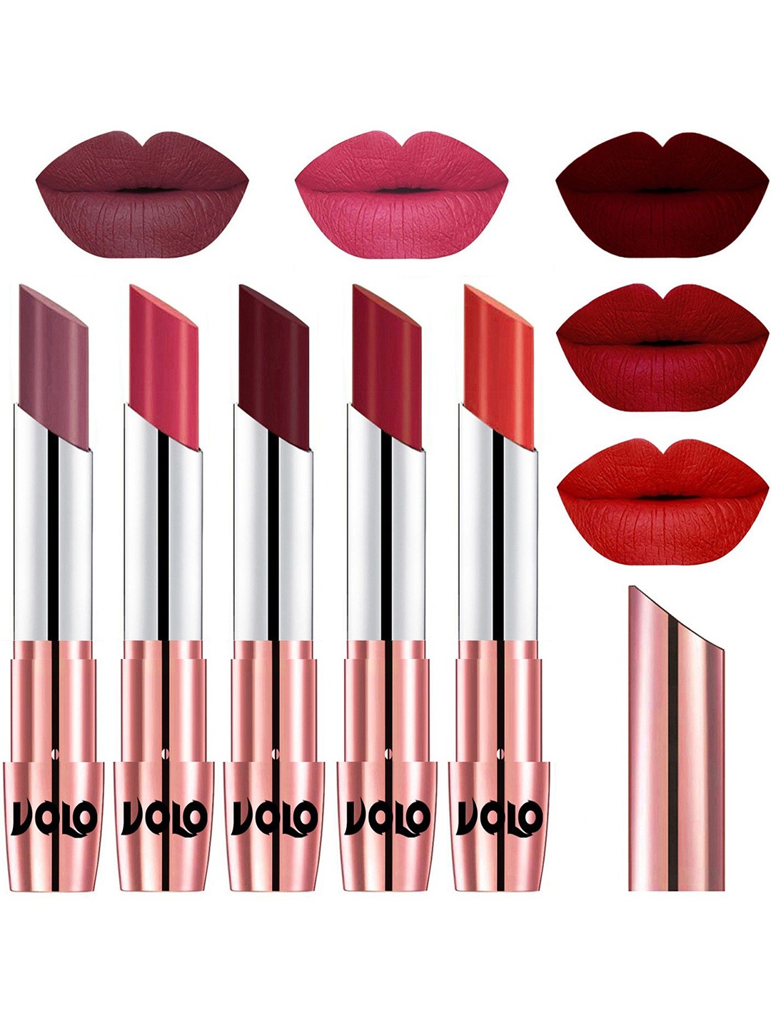 

VOLO Set Of 5 Creme Matte Lipstick-3.5g Each-Plum 36-Pink 41-Maroon 42- Red 43-Orange 49