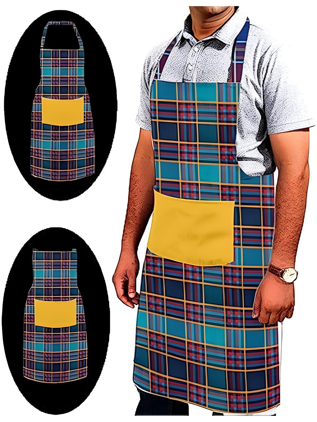 

Lushomes Red & Blue Checked Adjustable Buckle & Solid Pocket Cotton Kitchen Aprons