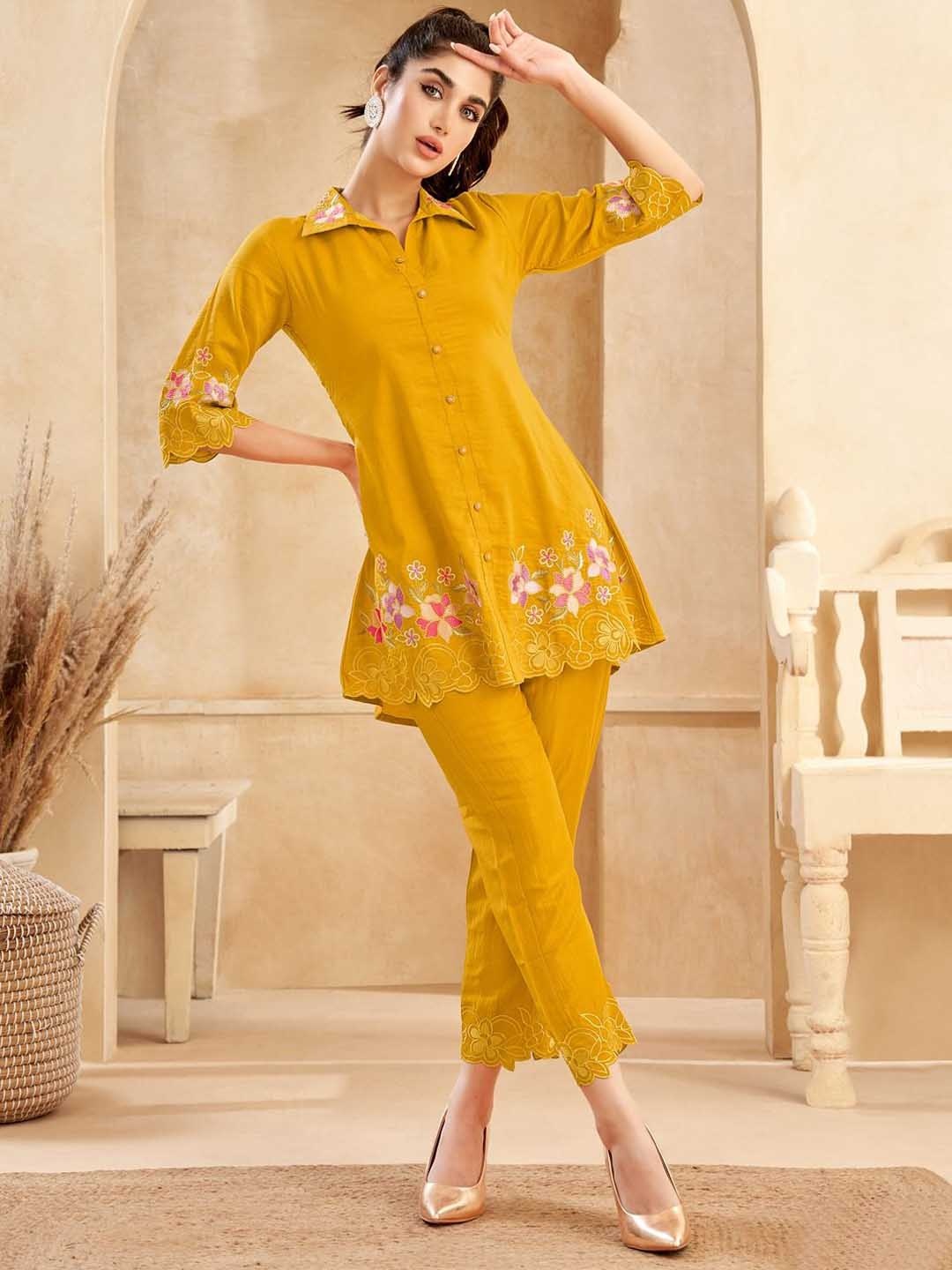 

FABMORA Floral Embroidered Shirt Collar Tunic & Trouser, Mustard