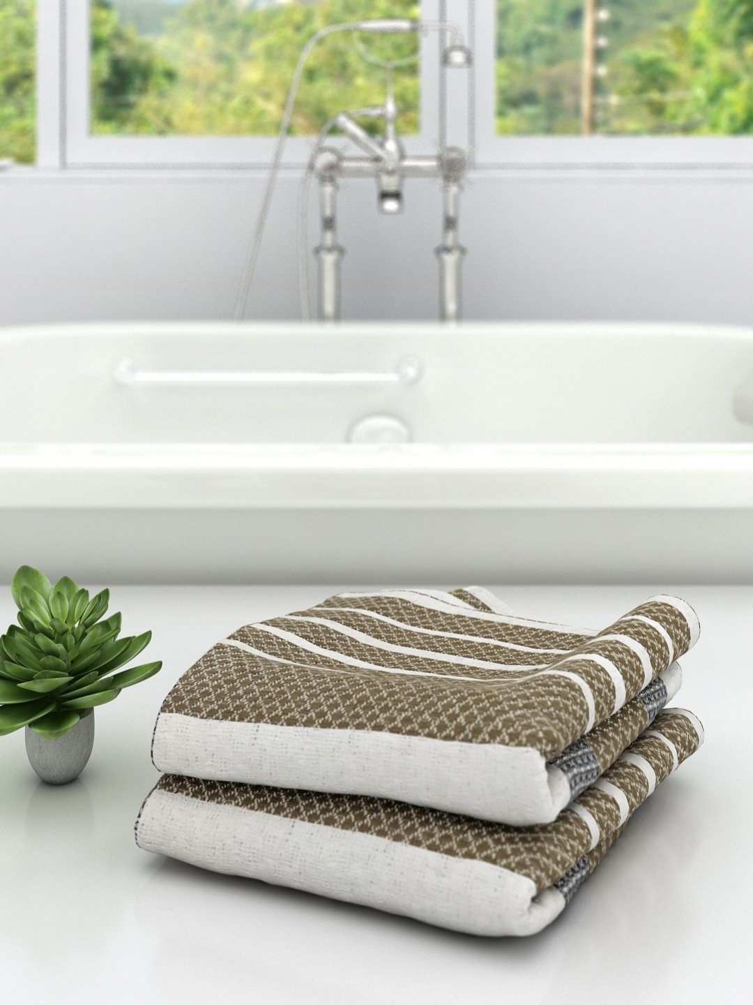 

Aura Beige & White 2 Pieces Striped Cotton 210 GSM Bath Towel