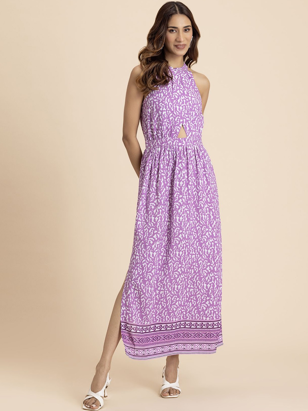 

Moomaya Print Halter Neck A-Line Midi Dress, Mauve