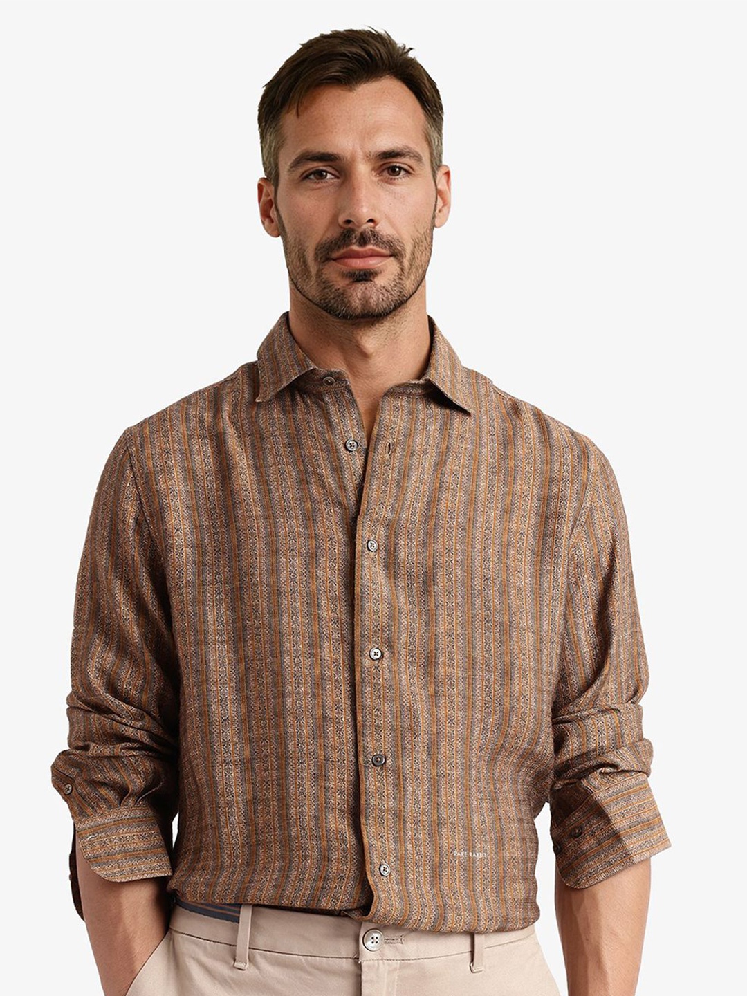 

RARE RABBIT Men Comfort Spread Collar Vertical Striped Casual Shirt, Brown