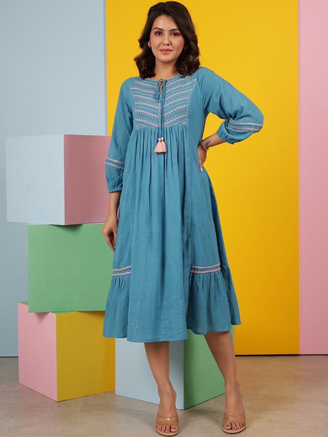 

AUTUMN LANE Women Avanti Embroidered Cotton A-Line Midi Ethnic Dress, Blue
