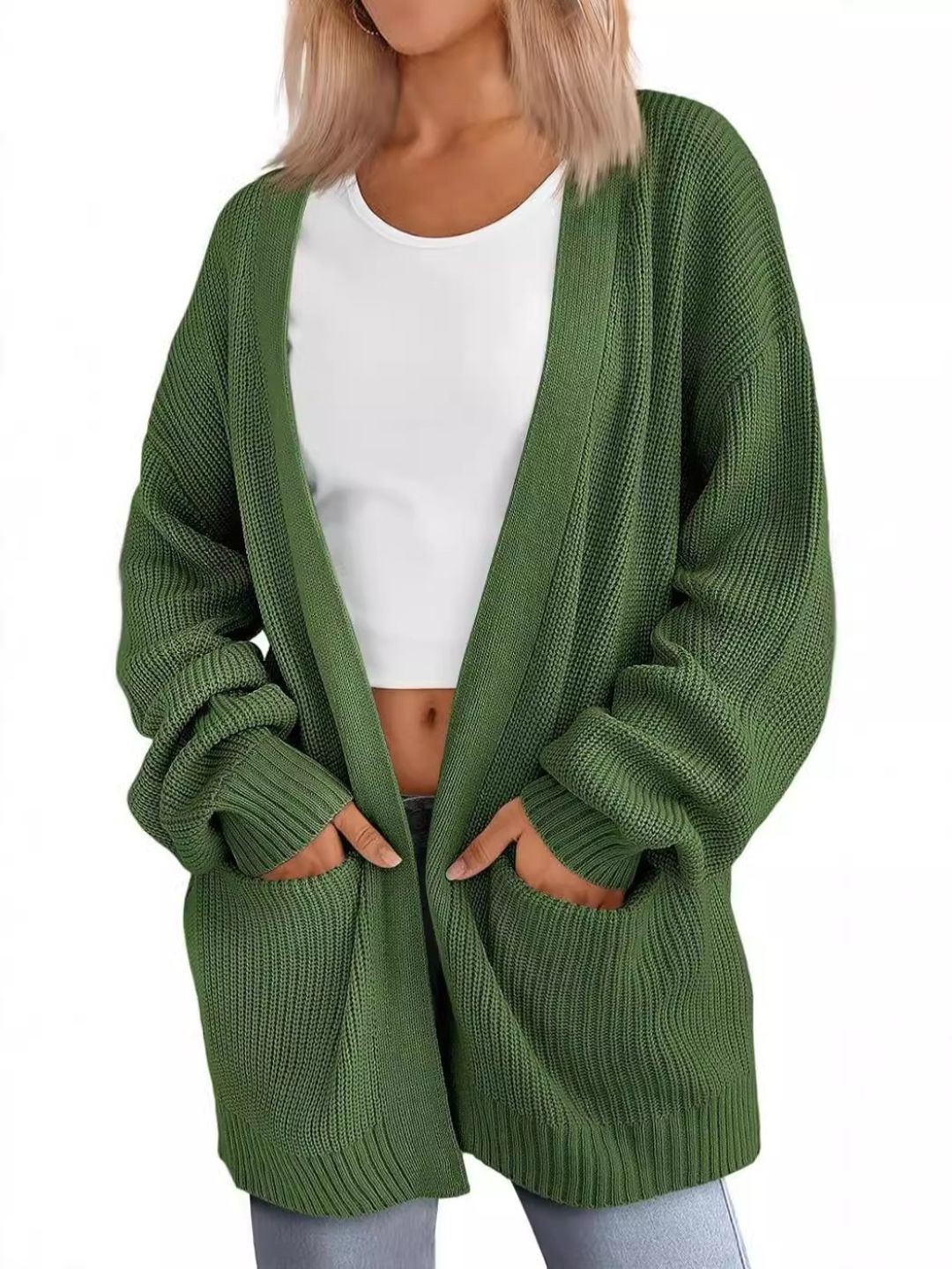 

KPOP Women Acrylic Longline Open Front Jacket, Green