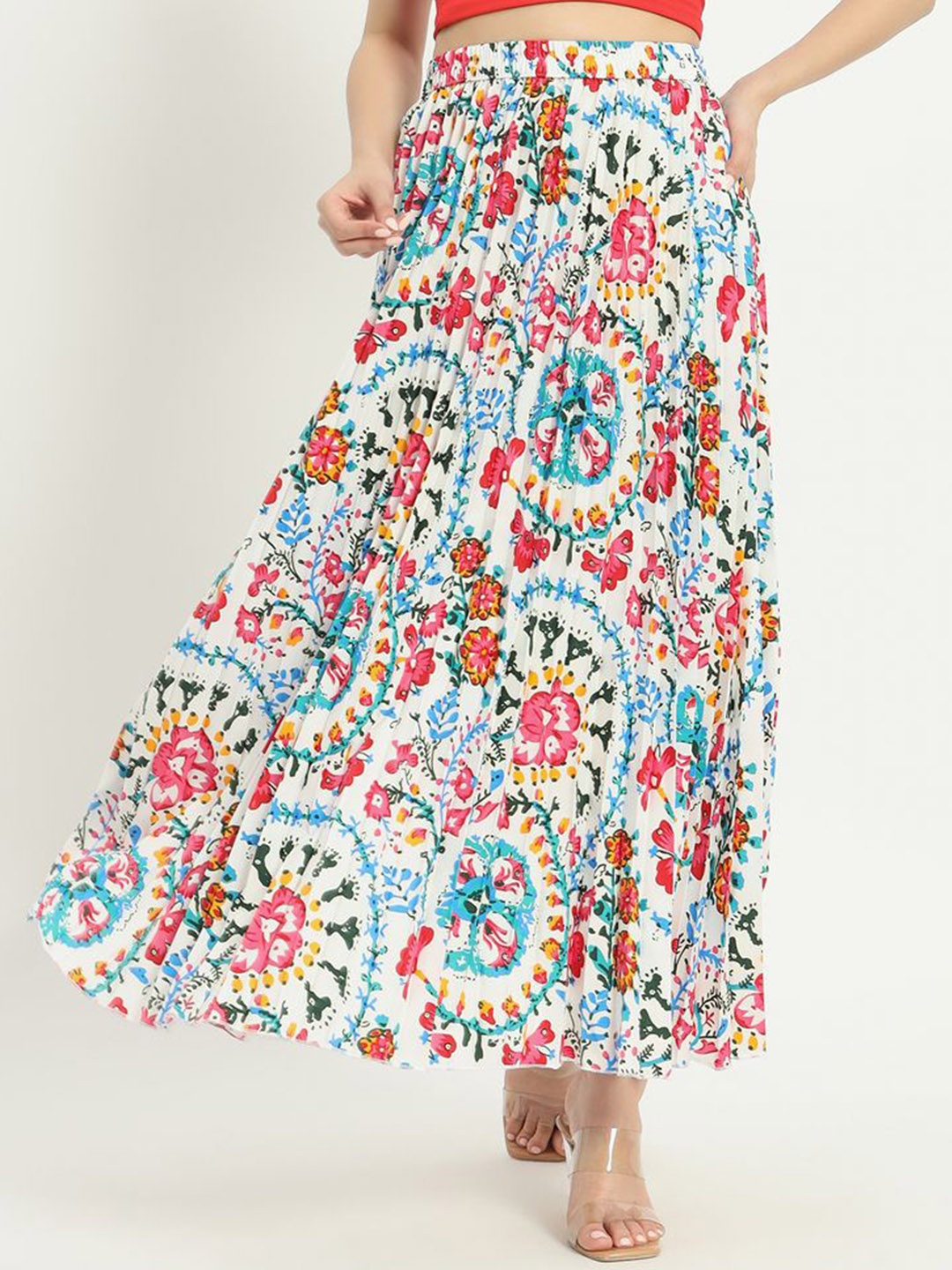 

OTABU Women Printed A-Line Maxi Skirt, Red