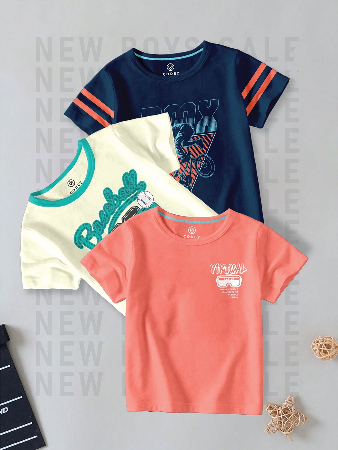 

CODEZ Boys Pack Of 3 Typography Printed Round Neck Cotton T-shirts, Navy blue