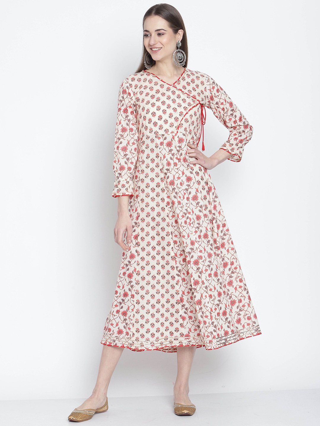 

KALINI Pure Cotton Floral Printed Wrap Midi Dress, Off white