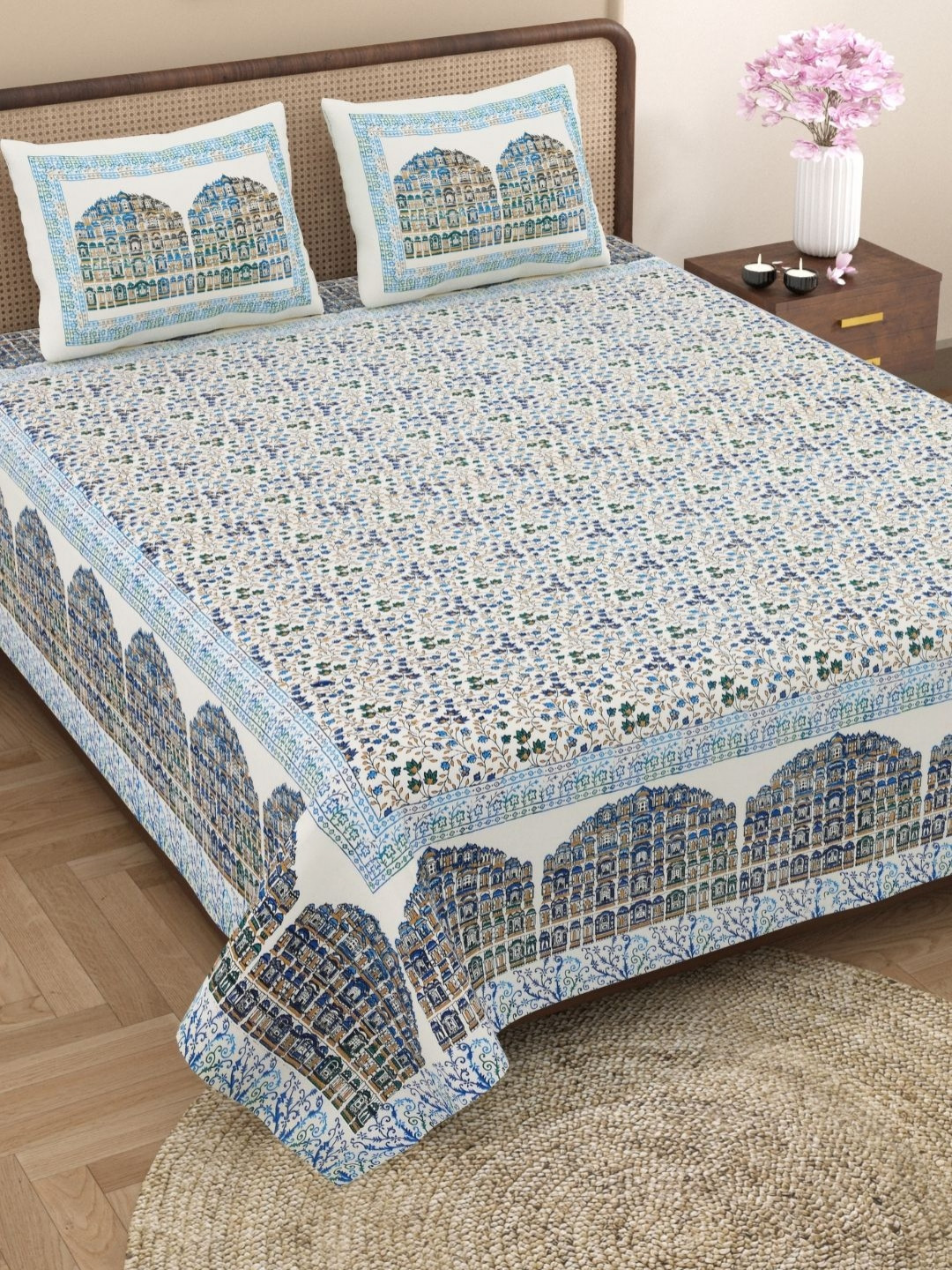 

The Craft Monk White & Blue Floral Printed 240TC Pure Cotton Double King Bedsheet Set