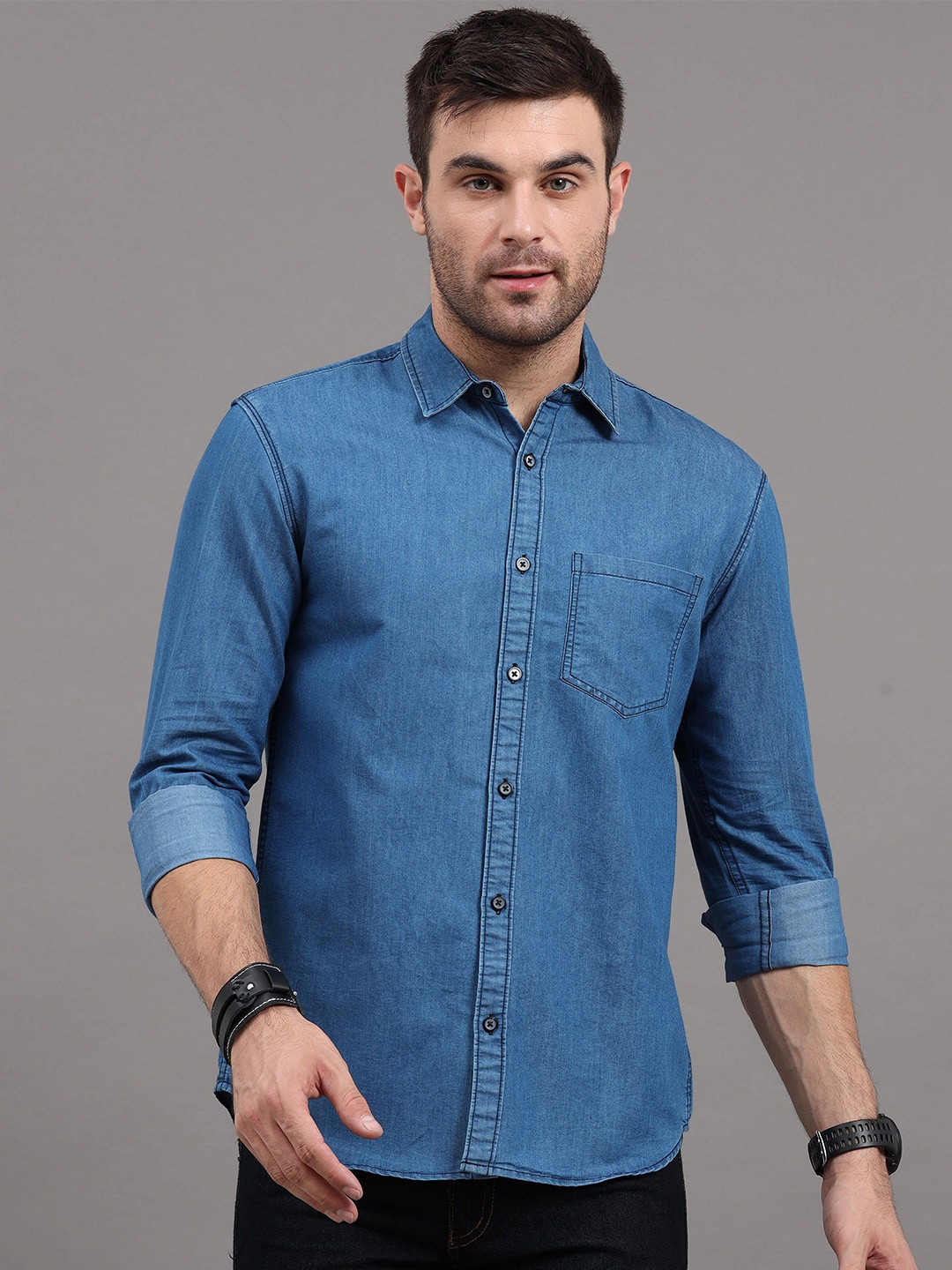 

REGROWTH Men Standard Spread Collar Solid Casual Shirt, Blue