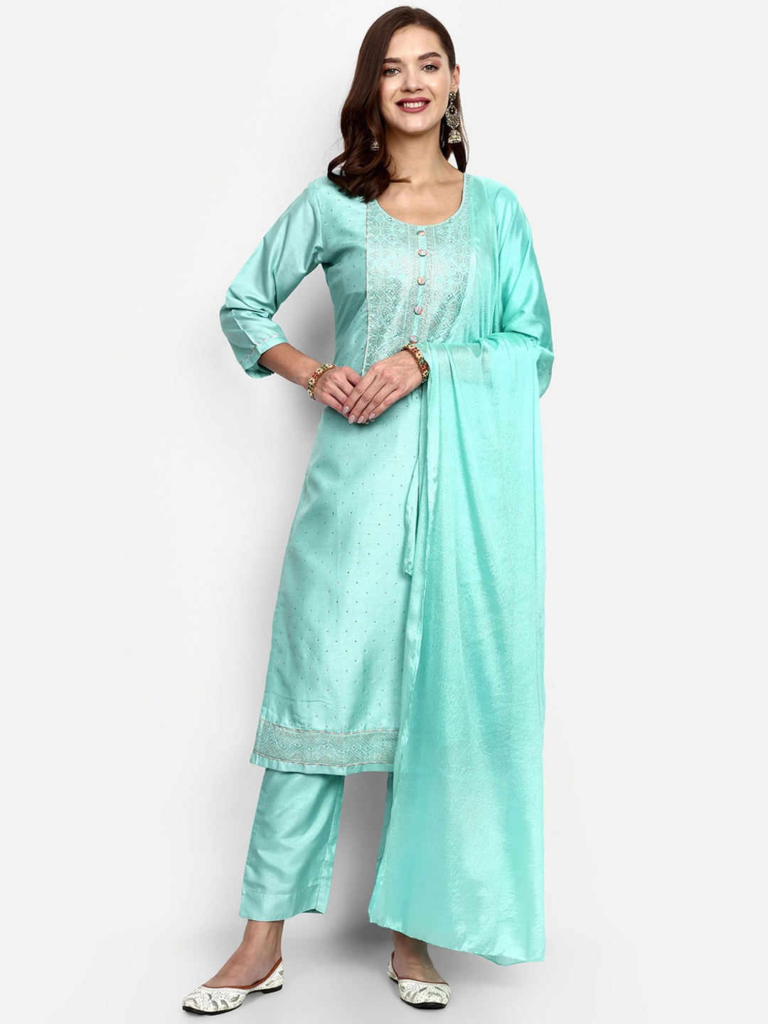 

V B SONS Floral Embroidered Beads and Stones Straight Kurta & Trousers With Dupatta, Turquoise blue