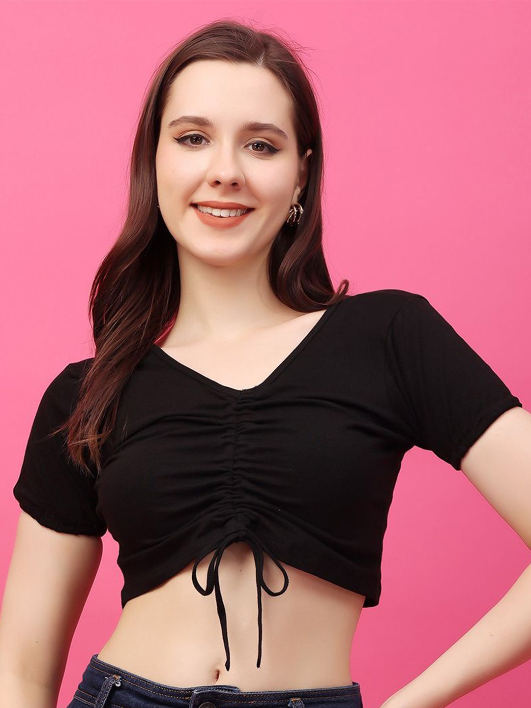 

MINOS Women Tie-Ups V-Neck Cotton Top, Black