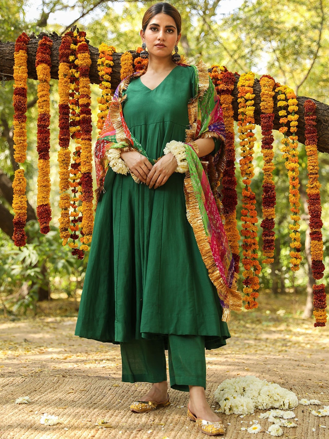 

GulaboJaipur Anarkali Pure Silk Kurta with Trousers & Dupatta, Green