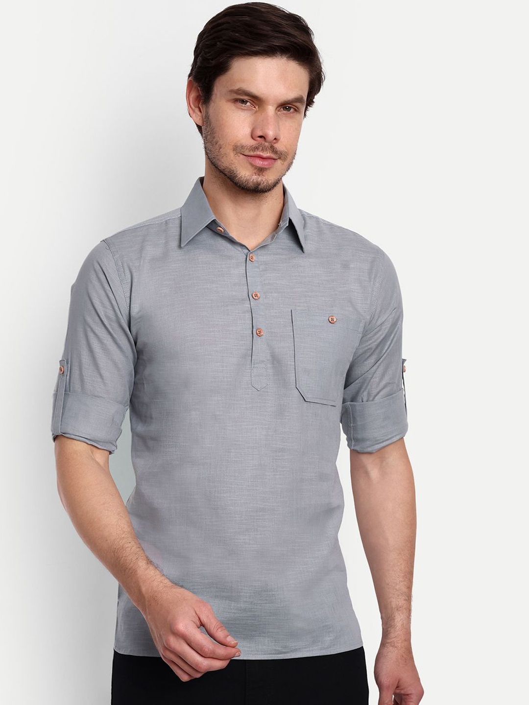 

univibe Shirt Collar Pure Cotton Straight Kurta, Grey