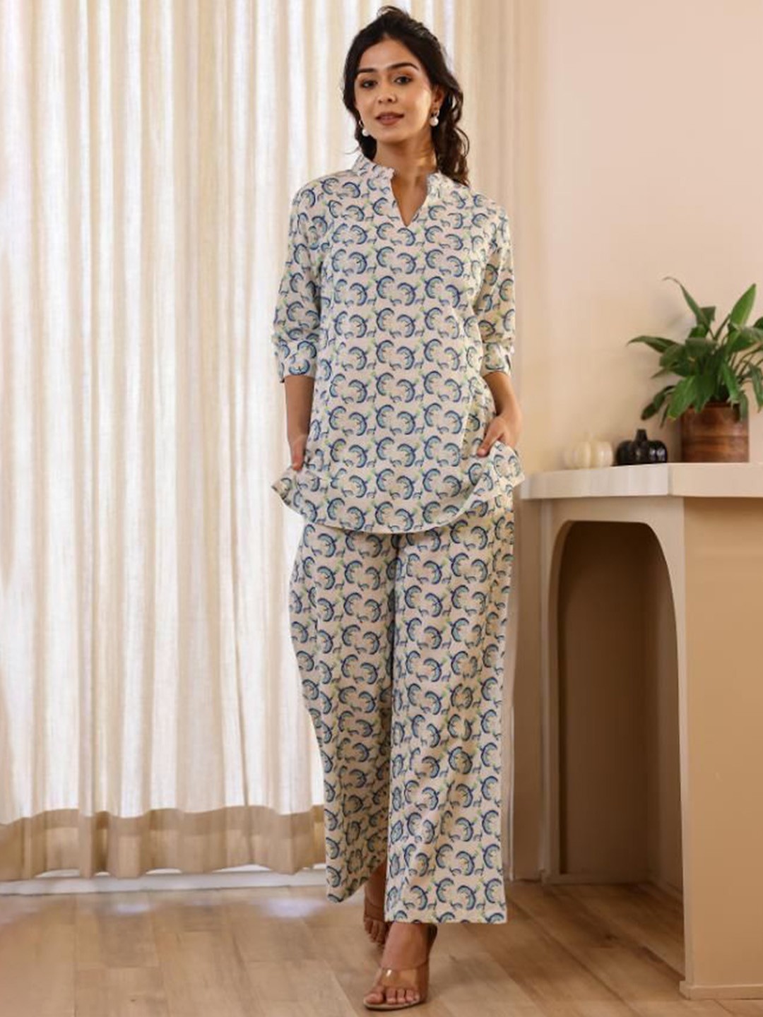 

FLAVIA CREATION Printed Mandarin Collar Pure Cotton Top& Trousers, Off white