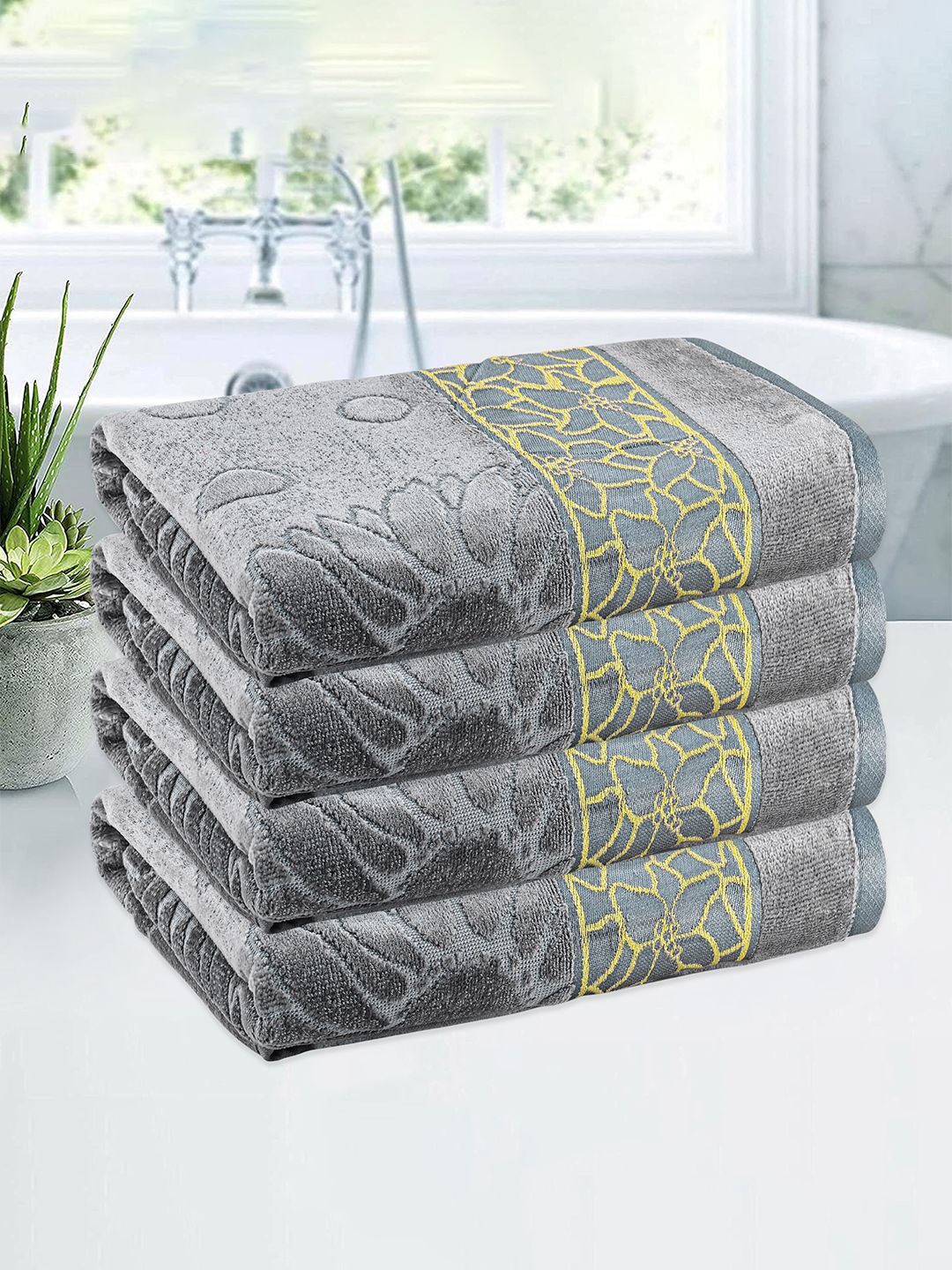 

Kuber Industries Grey & Yellow 4 Pieces Printed Cotton 450 GSM Bath Towel