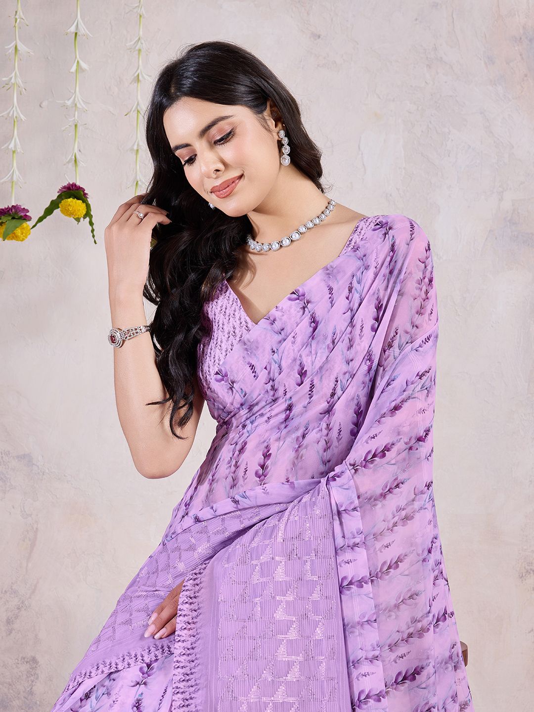 

Mitera Floral Sequinned Poly Chiffon Saree, Purple