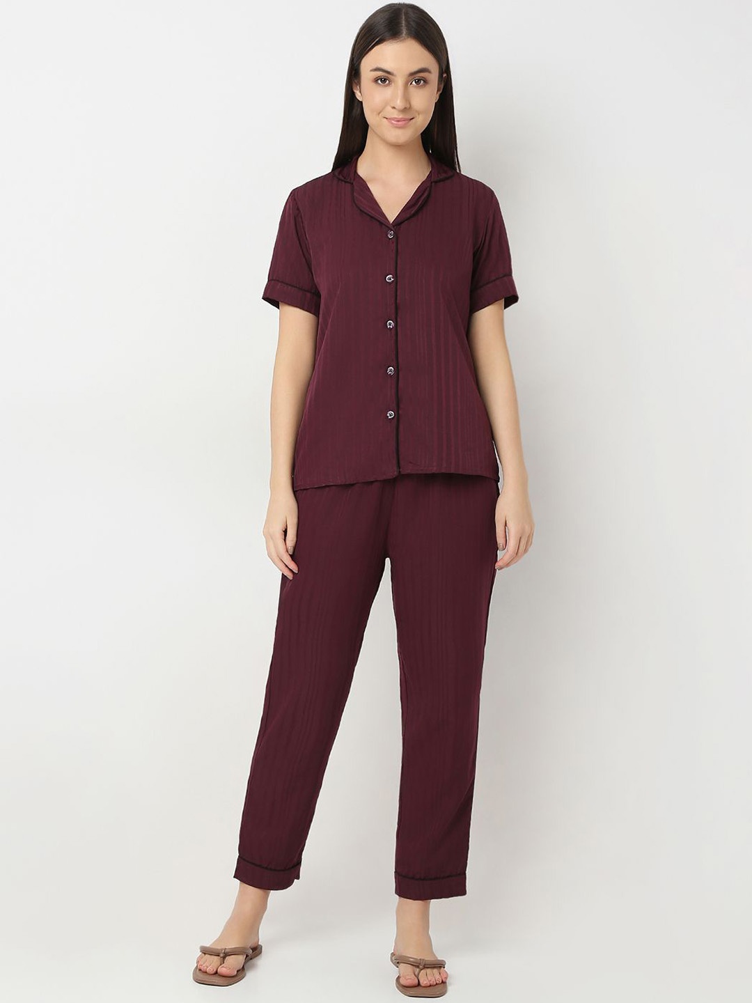 

Smarty Pants Women Striped Lapel Collar Night suit, Burgundy