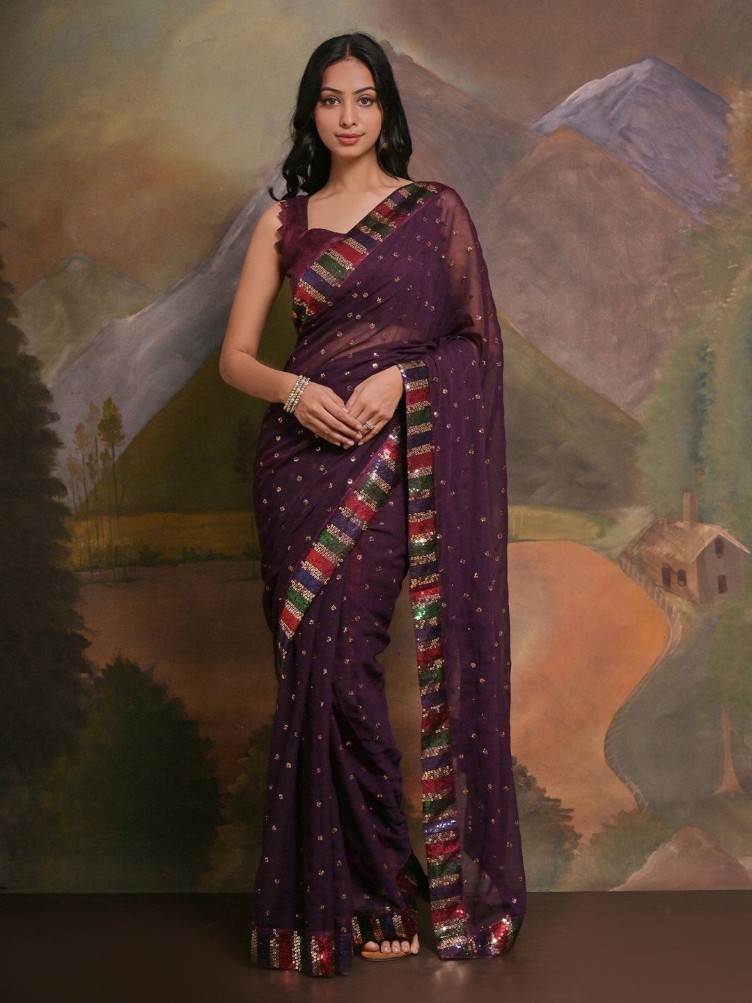 

Sangria Embellished Saree With Matching Blouse, Purple