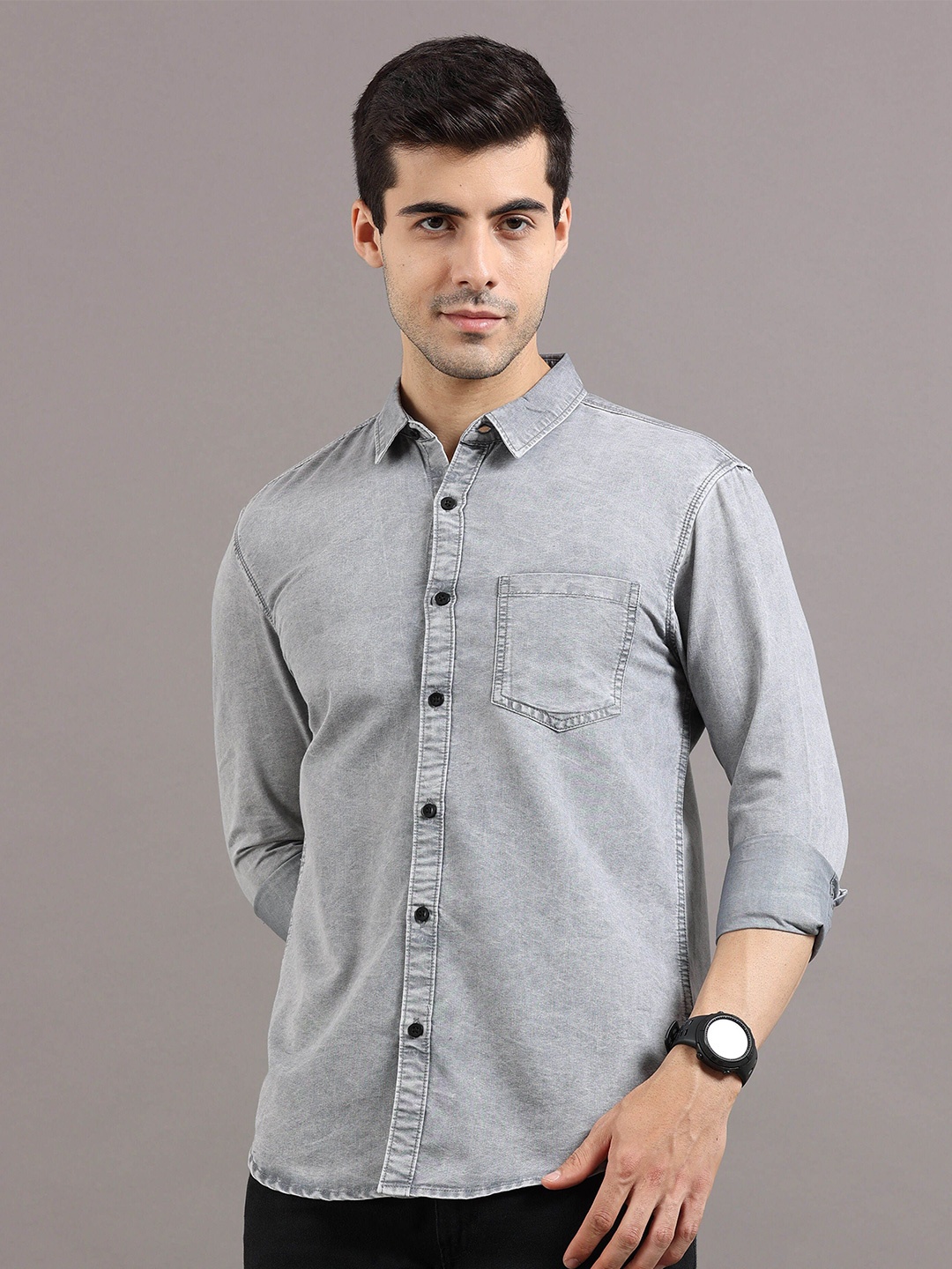 

REGROWTH Men Standard Spread Collar Solid Polycotton Casual Shirt, Grey