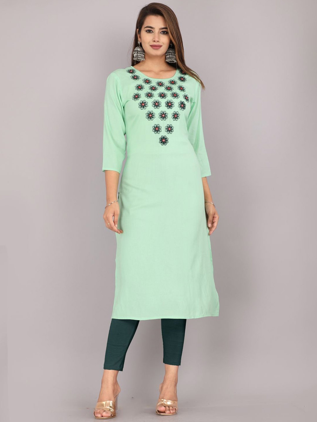

Mehsoos Floral Yoke Design Round Neck Mirror Work Straight Kurta, Lime green