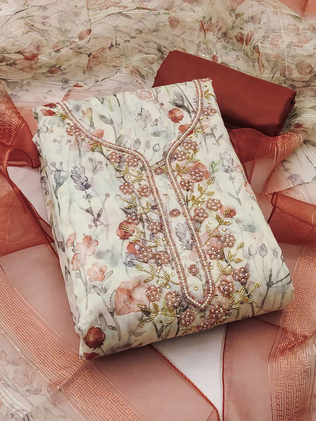

Peachmode Printed Unstitched Dress Material, Off white