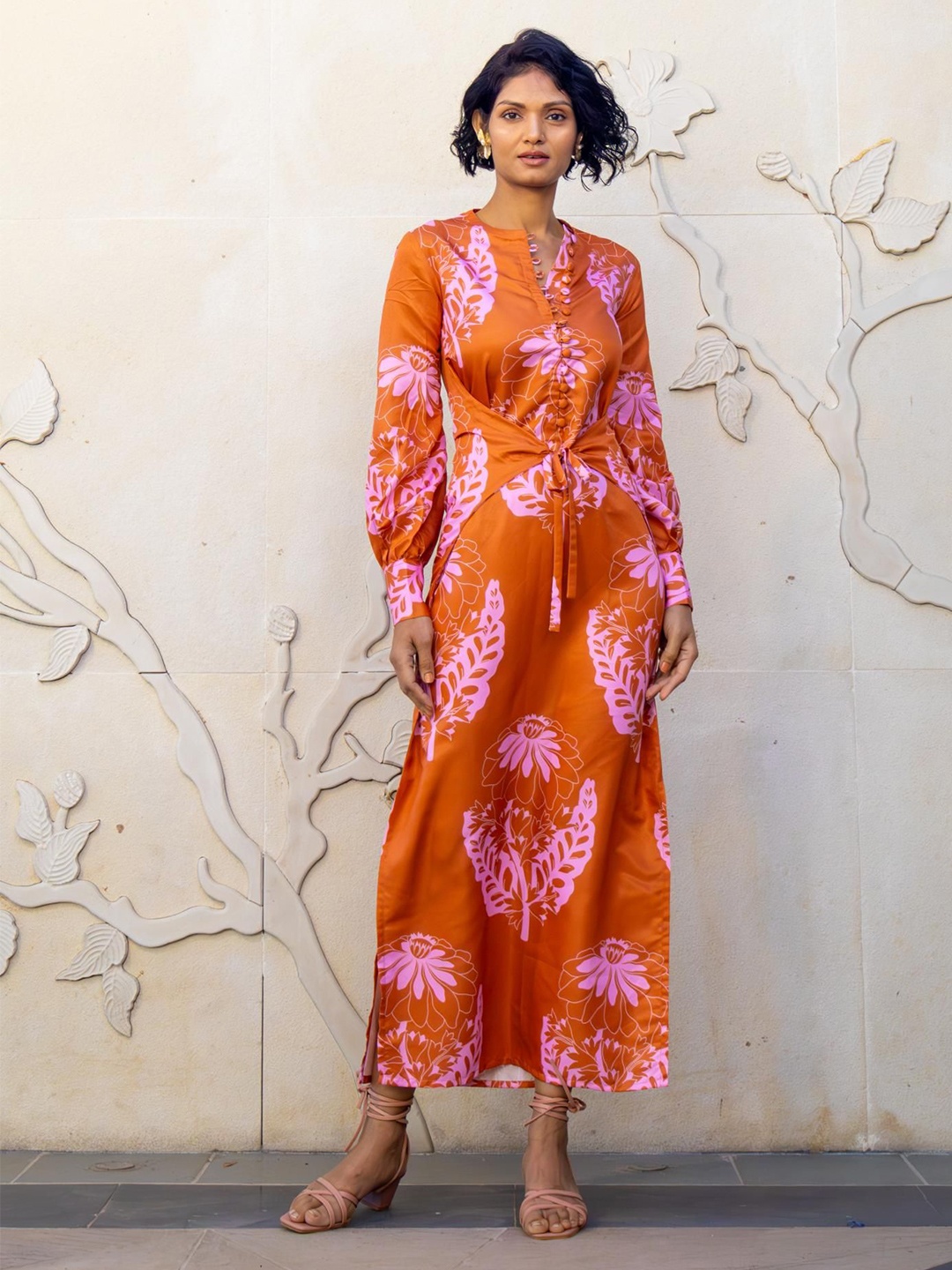 

AMROOD Floral Printed Puff Sleeve Satin A-Line Dress, Orange