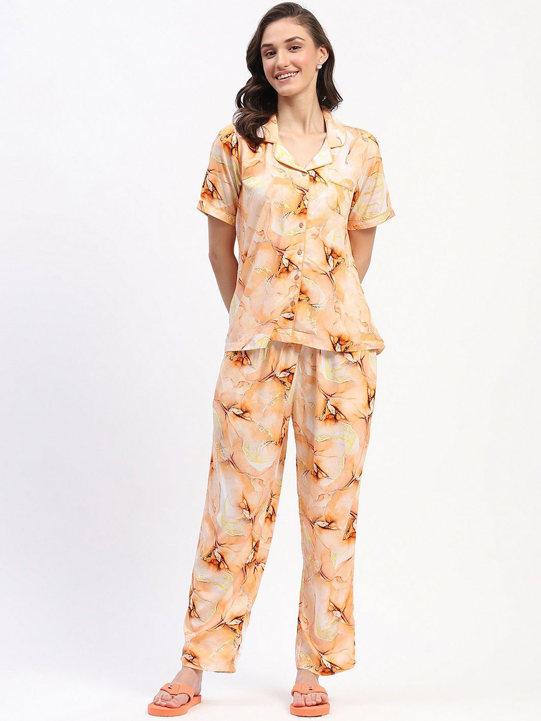 

MADAME M SECRET Women Rayon Lapel Collar Abstract Printed Night suit, Orange