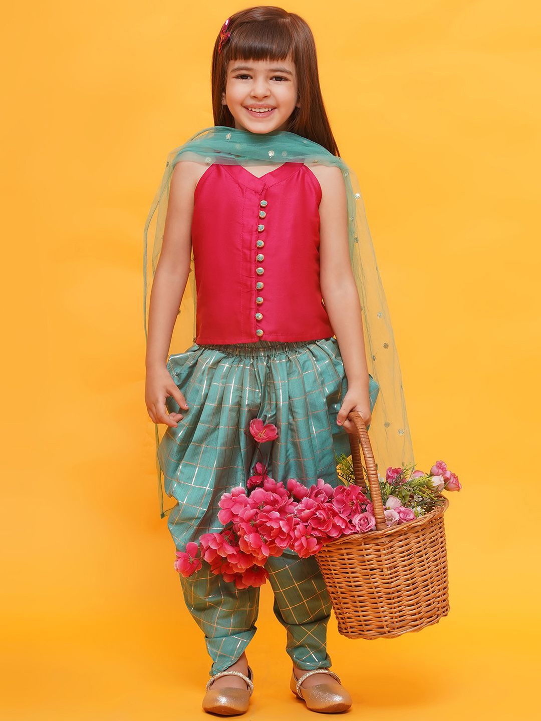 

Aj DEZInES Girls Mandarin Collar Top with Dhoti Pants & Dupatta, Blue