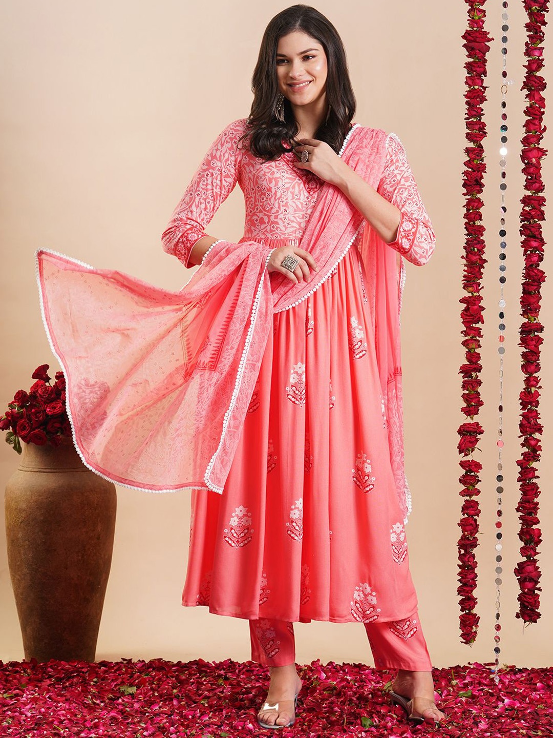 

GoSriKi Floral Printed Anarkali Kurta & Trousers With Dupatta, Peach