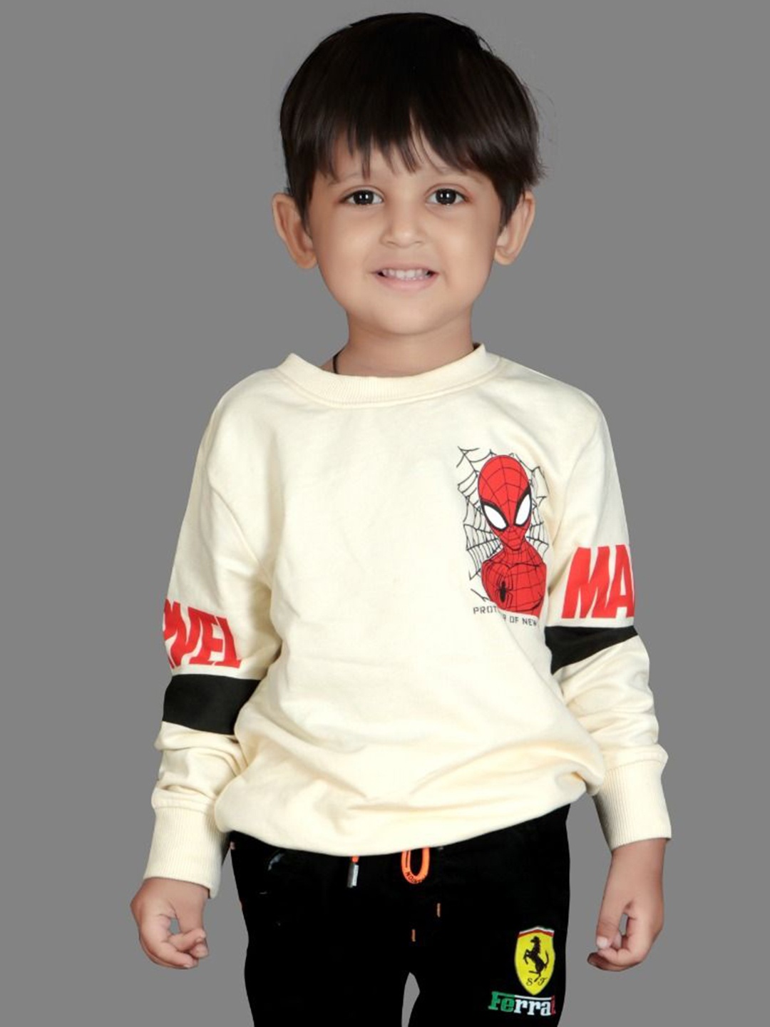 

ZILAIRE Boys Graphic Printed Round Neck Cotton T-shirt, Cream