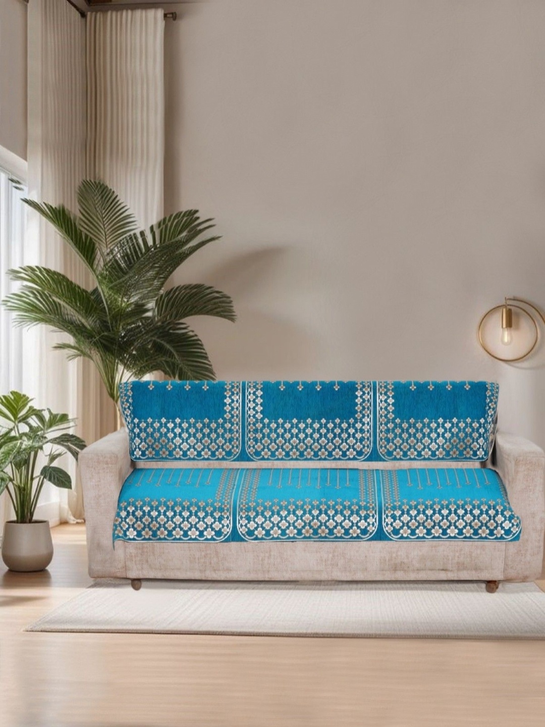 

MORADO Blue 6 Pieces Embroidered Velvet Sofa Cover With Arms