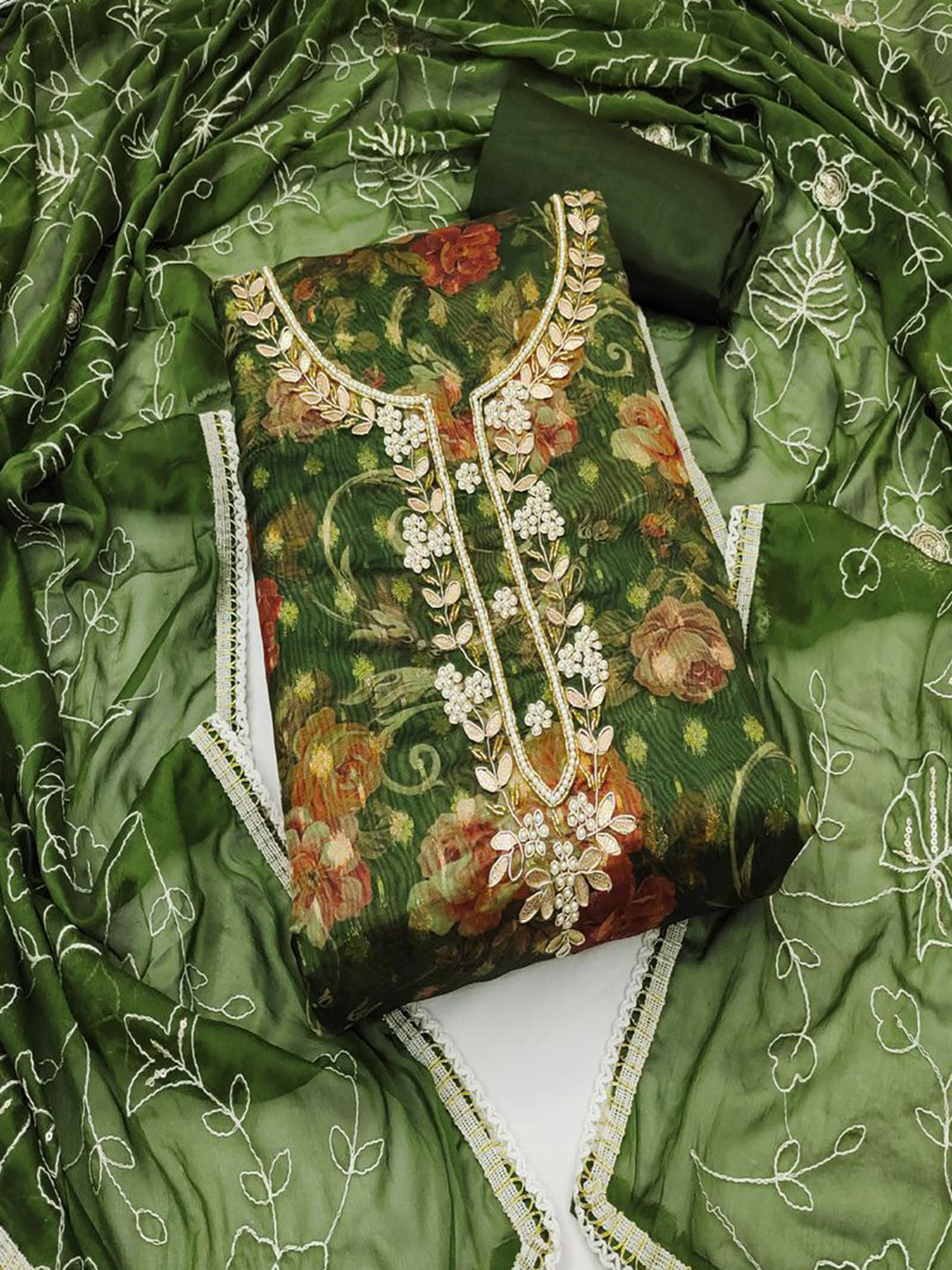 

ASISA Floral Printed Beads and Stones Organza Unstitched Dress Material, Green