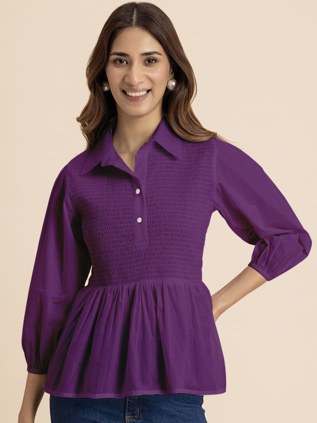 

Moomaya Women Solid Shirt Collar Pure Cotton Top, Purple