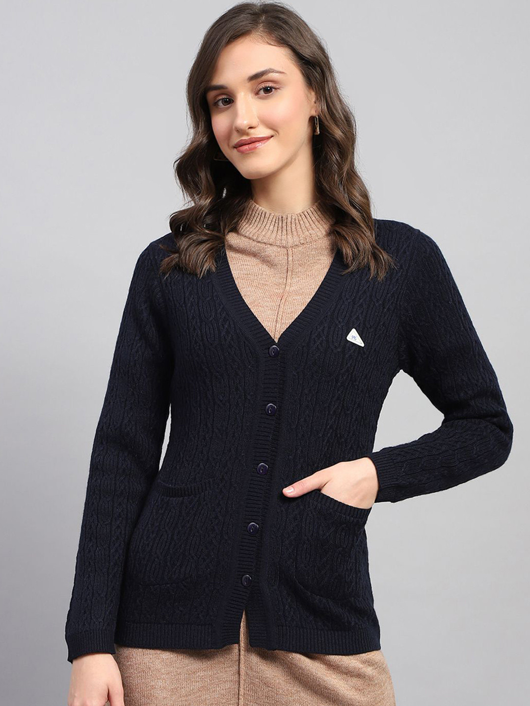

Monte Carlo Women Cable Knit Woollen Cardigan, Navy blue