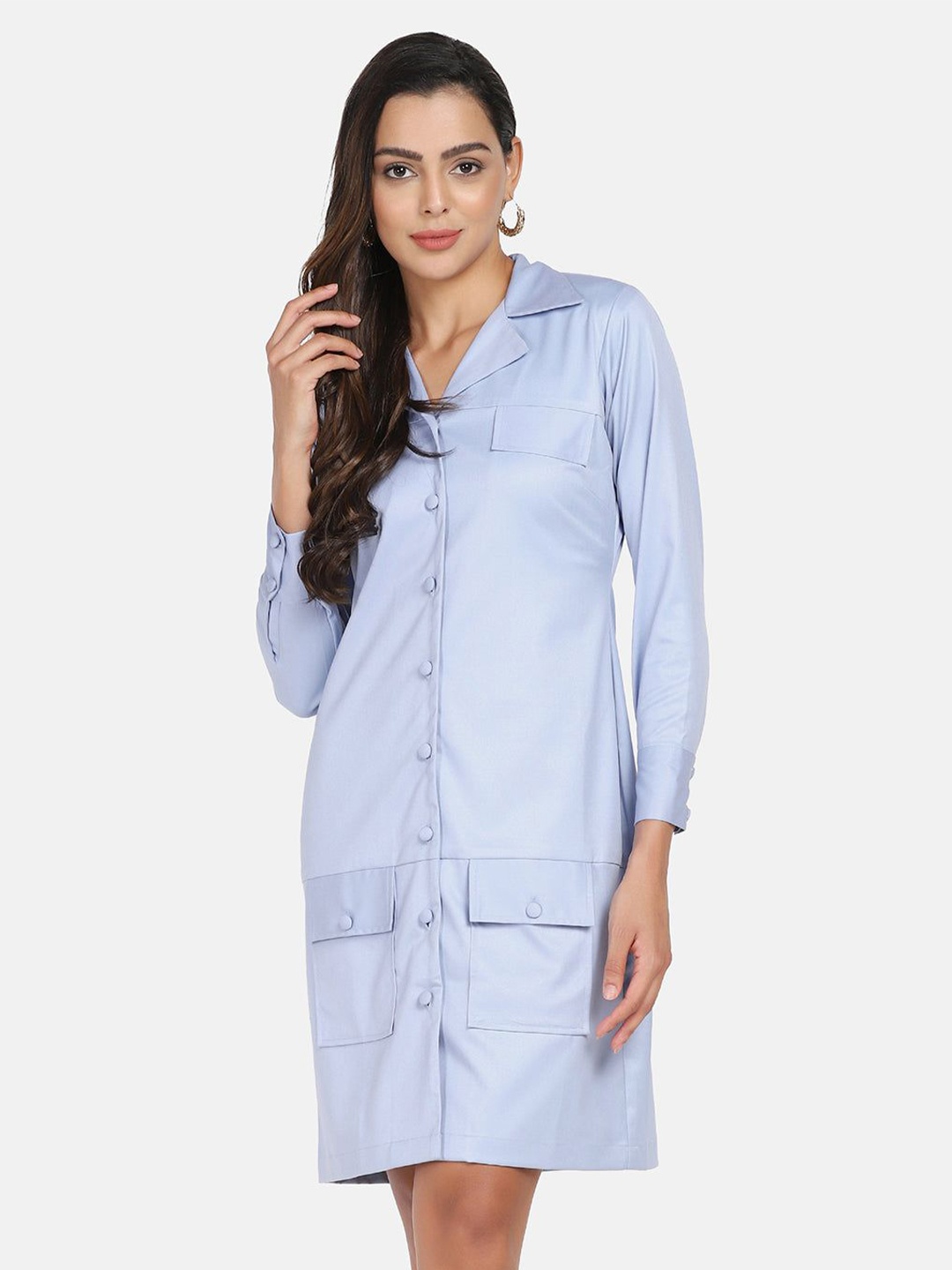 

PowerSutra Cotton Solid Long slevees Shirt Dress, Blue