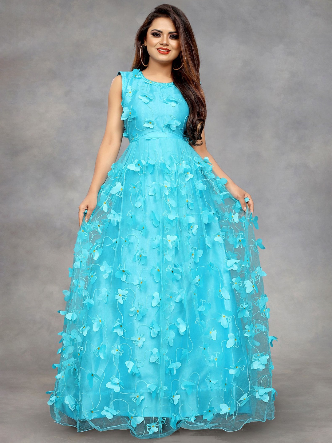 

LADY SHOPI Women Embroidered Applique Net Maxi Dress, Turquoise blue